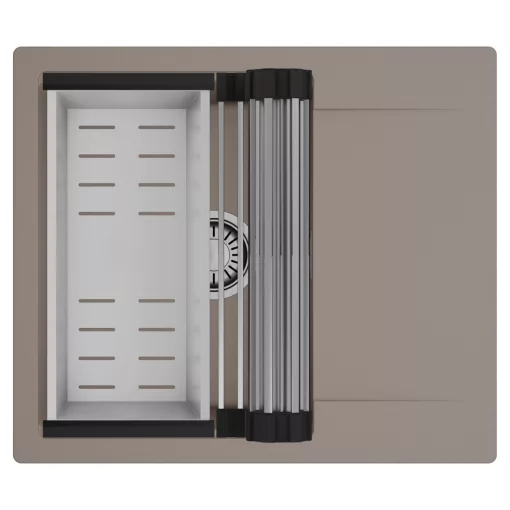 HD Onyx Tortora 58 egymedencés mosogatótálca szett, acél csepegtetőráccsal és kosárral, csepegtetőtálcával, tortora színben, szálcsiszolt króm leeresztő szifonnal