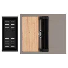 HD Onyx Tortora 58 egymedencés gránit mosogatótálca szett, csepegtetőtálcával, vágódeszkával, matt fekete csepegtetőráccsal és kosárral, tortora színben, szálcsiszolt króm leeresztő szifonnal