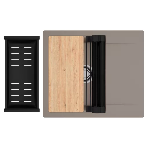 HD Onyx Tortora 58 egymedencés gránit mosogatótálca szett, csepegtetőtálcával, vágódeszkával, matt fekete csepegtetőráccsal és kosárral, tortora színben, szálcsiszolt króm leeresztő szifonnal