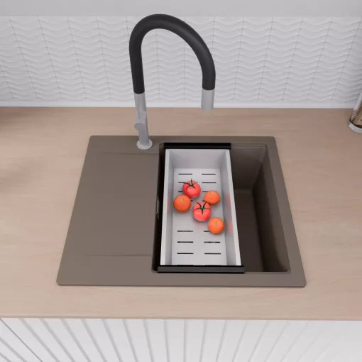 HD Onyx Tortora 58 egymedencés gránit mosogatótálca szett, csepegtetőtálcával, vágódeszkával, matt fekete csepegtetőráccsal és krómozott kosárral, tortora színben, szálcsiszolt króm leeresztő szifonnal