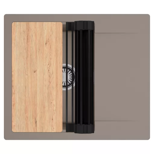 HD Onyx Tortora 58 egymedencés gránit mosogatótálca szett, csepegtetőtálcával, vágódeszkával, matt fekete csepegtetőráccsal, tortora színben, szálcsiszolt króm leeresztő szifonnal