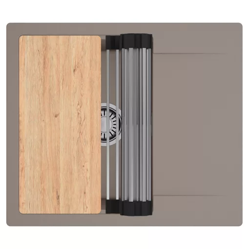 HD Onyx Tortora 58 egymedencés gránit mosogatótálca szett, csepegtetőtálcával, vágódeszkával, acél csepegtetőráccsal, tortora színben, szálcsiszolt króm leeresztő szifonnal