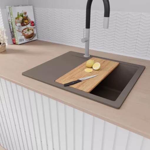 HD Onyx Tortora 58 egymedencés gránit mosogatótálca szett, csepegtetőtálcával, vágódeszkával, acél csepegtetőráccsal, tortora színben, szálcsiszolt króm leeresztő szifonnal