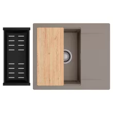 HD Onyx Tortora 58 egymedencés gránit mosogatótálca szett, csepegtetőtálcával, vágódeszkával, matt fekete csepegtetőkosárral, tortora színben, szálcsiszolt króm leeresztő szifonnal