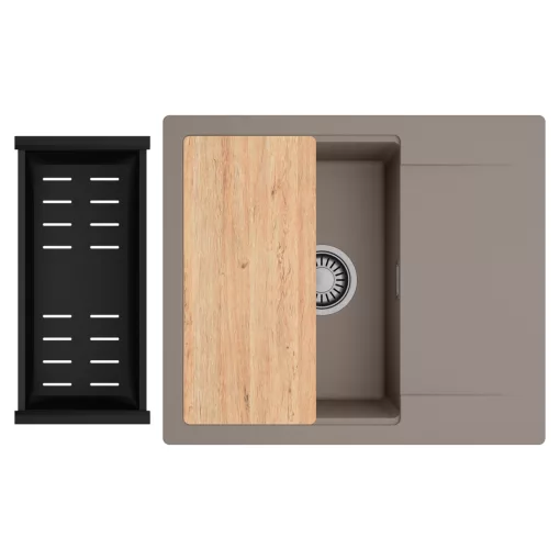 HD Onyx Tortora 58 egymedencés gránit mosogatótálca szett, csepegtetőtálcával, vágódeszkával, matt fekete csepegtetőkosárral, tortora színben, szálcsiszolt króm leeresztő szifonnal