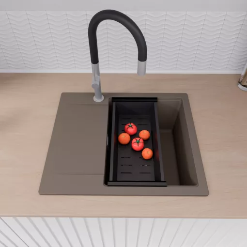 HD Onyx Tortora 58 egymedencés gránit mosogatótálca szett, csepegtetőtálcával, vágódeszkával, matt fekete csepegtetőkosárral, tortora színben, szálcsiszolt króm leeresztő szifonnal