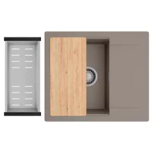 HD Onyx Tortora 58 egymedencés gránit mosogatótálca szett, csepegtetőtálcával, vágódeszkával, acél csepegtetőkosárral, tortora színben, szálcsiszolt króm leeresztő szifonnal