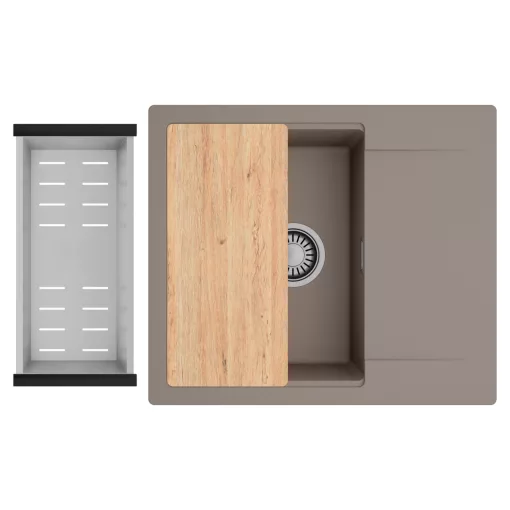 HD Onyx Tortora 58 egymedencés gránit mosogatótálca szett, csepegtetőtálcával, vágódeszkával, acél csepegtetőkosárral, tortora színben, szálcsiszolt króm leeresztő szifonnal