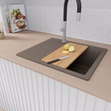 HD Onyx Tortora 58 egymedencés gránit mosogatótálca szett, csepegtetőtálcával, vágódeszkával, acél csepegtetőkosárral, tortora színben, szálcsiszolt króm leeresztő szifonnal