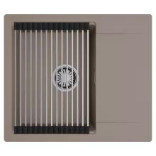 HD Onyx Tortora 58 egymedencés mosogatótálca szett, acél csepegtetőráccsal, csepegtetőtálcával, tortora színben, szálcsiszolt króm leeresztő szifonnal