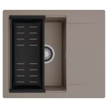 HD Onyx Tortora 58 egymedencés mosogatótálca szett, matt fekete csepegtetőkosárral, csepegtetőtálcával, tortora színben, szálcsiszolt króm leeresztő szifonnal