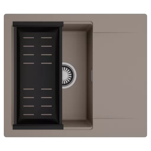 HD Onyx Tortora 58 egymedencés mosogatótálca szett, matt fekete csepegtetőkosárral, csepegtetőtálcával, tortora színben, szálcsiszolt króm leeresztő szifonnal