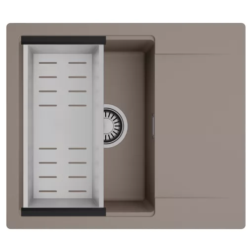 HD Onyx Tortora 58 egymedencés mosogatótálca szett, acél csepegtetőkosárral, csepegtetőtálcával, tortora színben, szálcsiszolt króm leeresztő szifonnal
