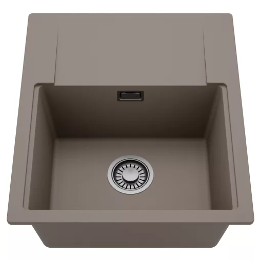 HD Onyx Tortora 58 egymedencés mosogatótálca, csepegtetőtálcával, tortora színben, szálcsiszolt króm leeresztő szifonnal
