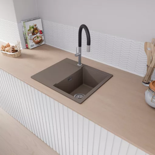 HD Onyx Tortora 58 egymedencés mosogatótálca, csepegtetőtálcával, tortora színben, szálcsiszolt króm leeresztő szifonnal