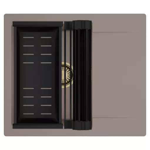 HD Onyx Tortora 58 egymedencés mosogatótálca szett, matt fekete csepegtetőráccsal és kosárral, csepegtetőtálcával, tortora színben, szálcsiszolt arany leeresztő szifonnal