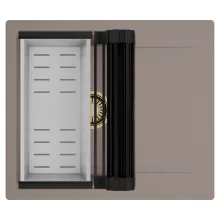 HD Onyx Tortora 58 egymedencés mosogatótálca szett, matt fekete csepegtetőráccsal és krómozott kosárral, csepegtetőtálcával, tortora színben, szálcsiszolt arany leeresztő szifonnal