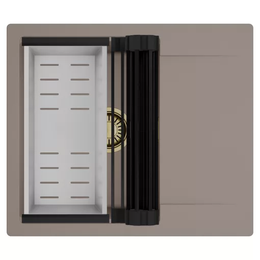 HD Onyx Tortora 58 egymedencés mosogatótálca szett, matt fekete csepegtetőráccsal és krómozott kosárral, csepegtetőtálcával, tortora színben, szálcsiszolt arany leeresztő szifonnal