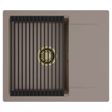 HD Onyx Tortora 58 egymedencés mosogatótálca szett, matt fekete csepegtetőráccsal, csepegtetőtálcával, tortora színben, szálcsiszolt arany leeresztő szifonnal