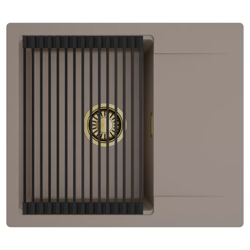 HD Onyx Tortora 58 egymedencés mosogatótálca szett, matt fekete csepegtetőráccsal, csepegtetőtálcával, tortora színben, szálcsiszolt arany leeresztő szifonnal