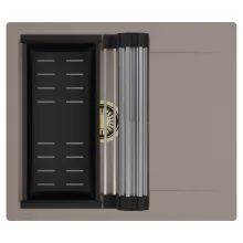 HD Onyx Tortora 58 egymedencés mosogatótálca szett, acél csepegtetőráccsal és matt fekete kosárral, csepegtetőtálcával, tortora színben, szálcsiszolt arany leeresztő szifonnal