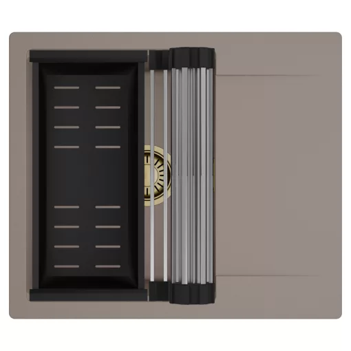 HD Onyx Tortora 58 egymedencés mosogatótálca szett, acél csepegtetőráccsal és matt fekete kosárral, csepegtetőtálcával, tortora színben, szálcsiszolt arany leeresztő szifonnal