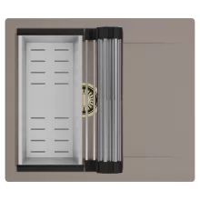 HD Onyx Tortora 58 egymedencés mosogatótálca szett, acél csepegtetőráccsal és kosárral, csepegtetőtálcával, tortora színben, szálcsiszolt arany leeresztő szifonnal