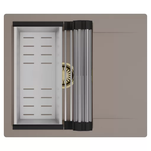 HD Onyx Tortora 58 egymedencés mosogatótálca szett, acél csepegtetőráccsal és kosárral, csepegtetőtálcával, tortora színben, szálcsiszolt arany leeresztő szifonnal