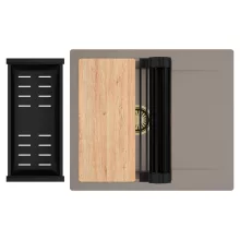 HD Onyx Tortora 58 egymedencés gránit mosogatótálca szett, csepegtetőtálcával, vágódeszkával, matt fekete csepegtetőráccsal és kosárral, tortora színben, szálcsiszolt arany leeresztő szifonnal