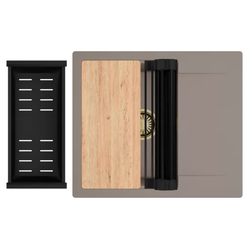 HD Onyx Tortora 58 egymedencés gránit mosogatótálca szett, csepegtetőtálcával, vágódeszkával, matt fekete csepegtetőráccsal és kosárral, tortora színben, szálcsiszolt arany leeresztő szifonnal