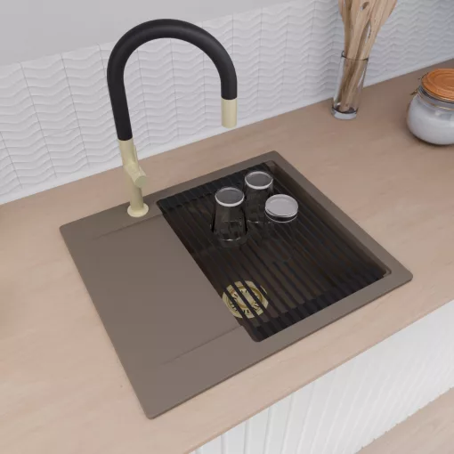 HD Onyx Tortora 58 egymedencés gránit mosogatótálca szett, csepegtetőtálcával, vágódeszkával, matt fekete csepegtetőráccsal és kosárral, tortora színben, szálcsiszolt arany leeresztő szifonnal