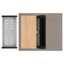 HD Onyx Tortora 58 egymedencés gránit mosogatótálca szett, csepegtetőtálcával, vágódeszkával, matt fekete csepegtetőráccsal és krómozott kosárral, tortora színben, szálcsiszolt arany leeresztő szifonnal