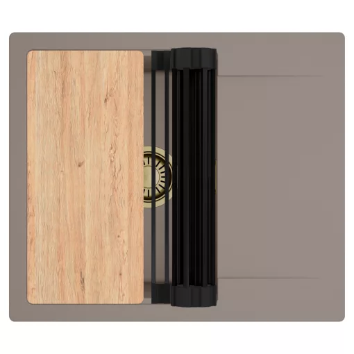 HD Onyx Tortora 58 egymedencés gránit mosogatótálca szett, csepegtetőtálcával, vágódeszkával, matt fekete csepegtetőráccsal, tortora színben, szálcsiszolt arany leeresztő szifonnal