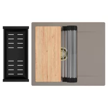 HD Onyx Tortora 58 egymedencés gránit mosogatótálca szett, csepegtetőtálcával, vágódeszkával, acél csepegtetőráccsal és matt fekete kosárral, tortora színben, szálcsiszolt arany leeresztő szifonnal