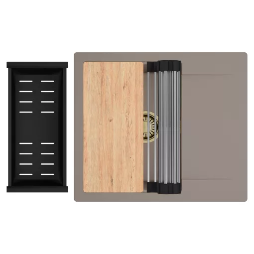 HD Onyx Tortora 58 egymedencés gránit mosogatótálca szett, csepegtetőtálcával, vágódeszkával, acél csepegtetőráccsal és matt fekete kosárral, tortora színben, szálcsiszolt arany leeresztő szifonnal