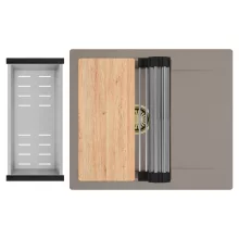 HD Onyx Tortora 58 egymedencés gránit mosogatótálca szett, csepegtetőtálcával, vágódeszkával, acél csepegtetőráccsal és kosárral, tortora színben, szálcsiszolt arany leeresztő szifonnal