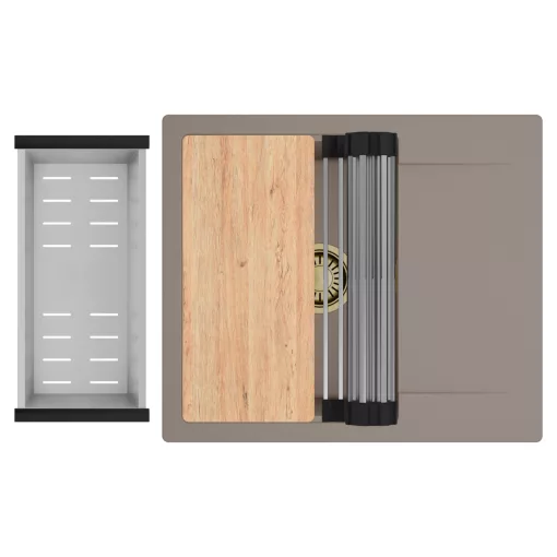 HD Onyx Tortora 58 egymedencés gránit mosogatótálca szett, csepegtetőtálcával, vágódeszkával, acél csepegtetőráccsal és kosárral, tortora színben, szálcsiszolt arany leeresztő szifonnal