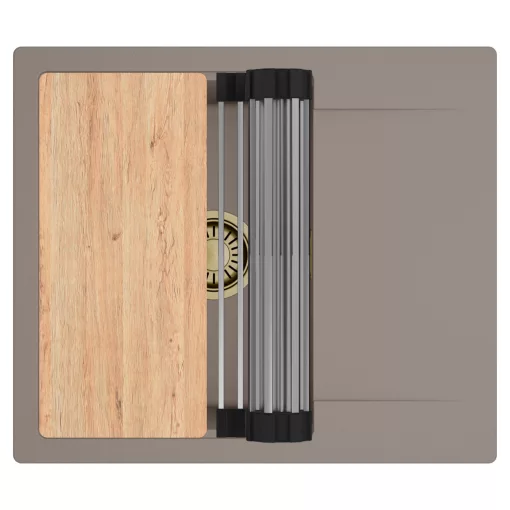 HD Onyx Tortora 58 egymedencés gránit mosogatótálca szett, csepegtetőtálcával, vágódeszkával, acél csepegtetőráccsal, tortora színben, szálcsiszolt arany leeresztő szifonnal