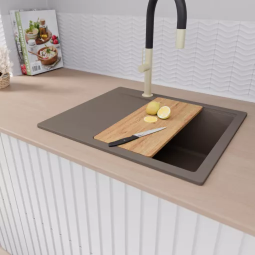 HD Onyx Tortora 58 egymedencés gránit mosogatótálca szett, csepegtetőtálcával, vágódeszkával, acél csepegtetőráccsal, tortora színben, szálcsiszolt arany leeresztő szifonnal