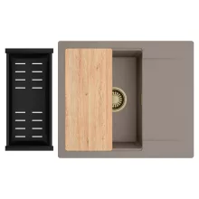 HD Onyx Tortora 58 egymedencés gránit mosogatótálca szett, csepegtetőtálcával, vágódeszkával, matt fekete csepegtetőkosárral, tortora színben, szálcsiszolt arany leeresztő szifonnal