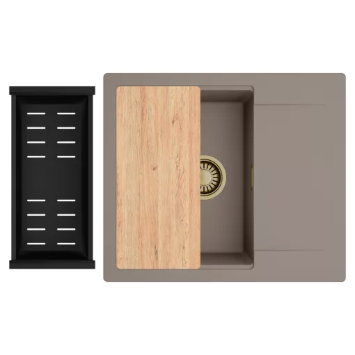 HD Onyx Tortora 58 egymedencés gránit mosogatótálca szett, csepegtetőtálcával, vágódeszkával, matt fekete csepegtetőkosárral, tortora színben, szálcsiszolt arany leeresztő szifonnal