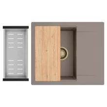 HD Onyx Tortora 58 egymedencés gránit mosogatótálca szett, csepegtetőtálcával, vágódeszkával, acél csepegtetőkosárral, tortora színben, szálcsiszolt arany leeresztő szifonnal