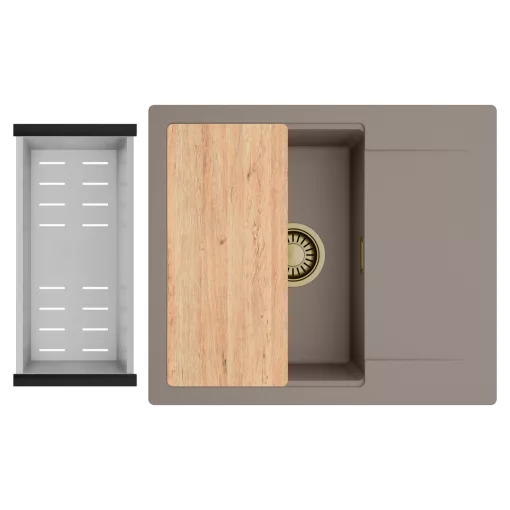 HD Onyx Tortora 58 egymedencés gránit mosogatótálca szett, csepegtetőtálcával, vágódeszkával, acél csepegtetőkosárral, tortora színben, szálcsiszolt arany leeresztő szifonnal
