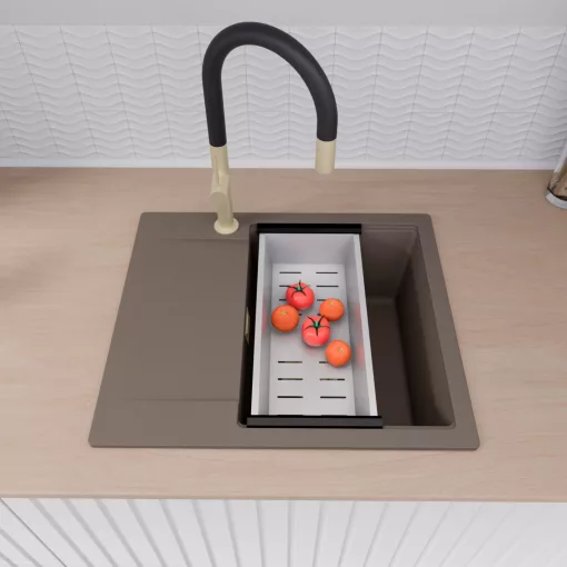 HD Onyx Tortora 58 egymedencés gránit mosogatótálca szett, csepegtetőtálcával, vágódeszkával, acél csepegtetőkosárral, tortora színben, szálcsiszolt arany leeresztő szifonnal