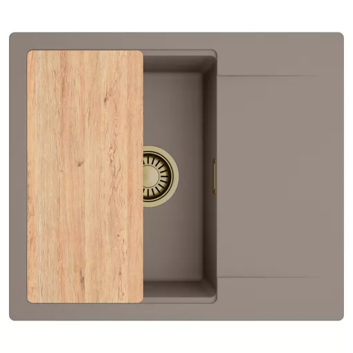 HD Onyx Tortora 58 egymedencés gránit mosogatótálca, vágódeszkával, tortora színben, szálcsiszolt arany leeresztő szifonnal