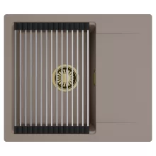 HD Onyx Tortora 58 egymedencés mosogatótálca szett, acél csepegtetőráccsal, csepegtetőtálcával, tortora színben, szálcsiszolt arany leeresztő szifonnal