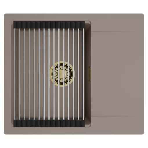 HD Onyx Tortora 58 egymedencés mosogatótálca szett, acél csepegtetőráccsal, csepegtetőtálcával, tortora színben, szálcsiszolt arany leeresztő szifonnal