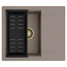 HD Onyx Tortora 58 egymedencés mosogatótálca szett, matt fekete csepegtetőkosárral, csepegtetőtálcával, tortora színben, szálcsiszolt arany leeresztő szifonnal