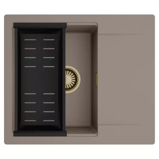HD Onyx Tortora 58 egymedencés mosogatótálca szett, matt fekete csepegtetőkosárral, csepegtetőtálcával, tortora színben, szálcsiszolt arany leeresztő szifonnal