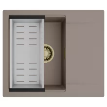 HD Onyx Tortora 58 egymedencés mosogatótálca szett, acél csepegtetőkosárral, csepegtetőtálcával, tortora színben, szálcsiszolt arany leeresztő szifonnal